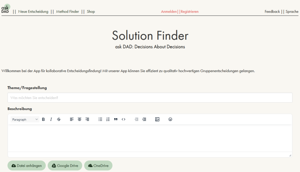 ask DAD - Start Page Of The Solution Finder